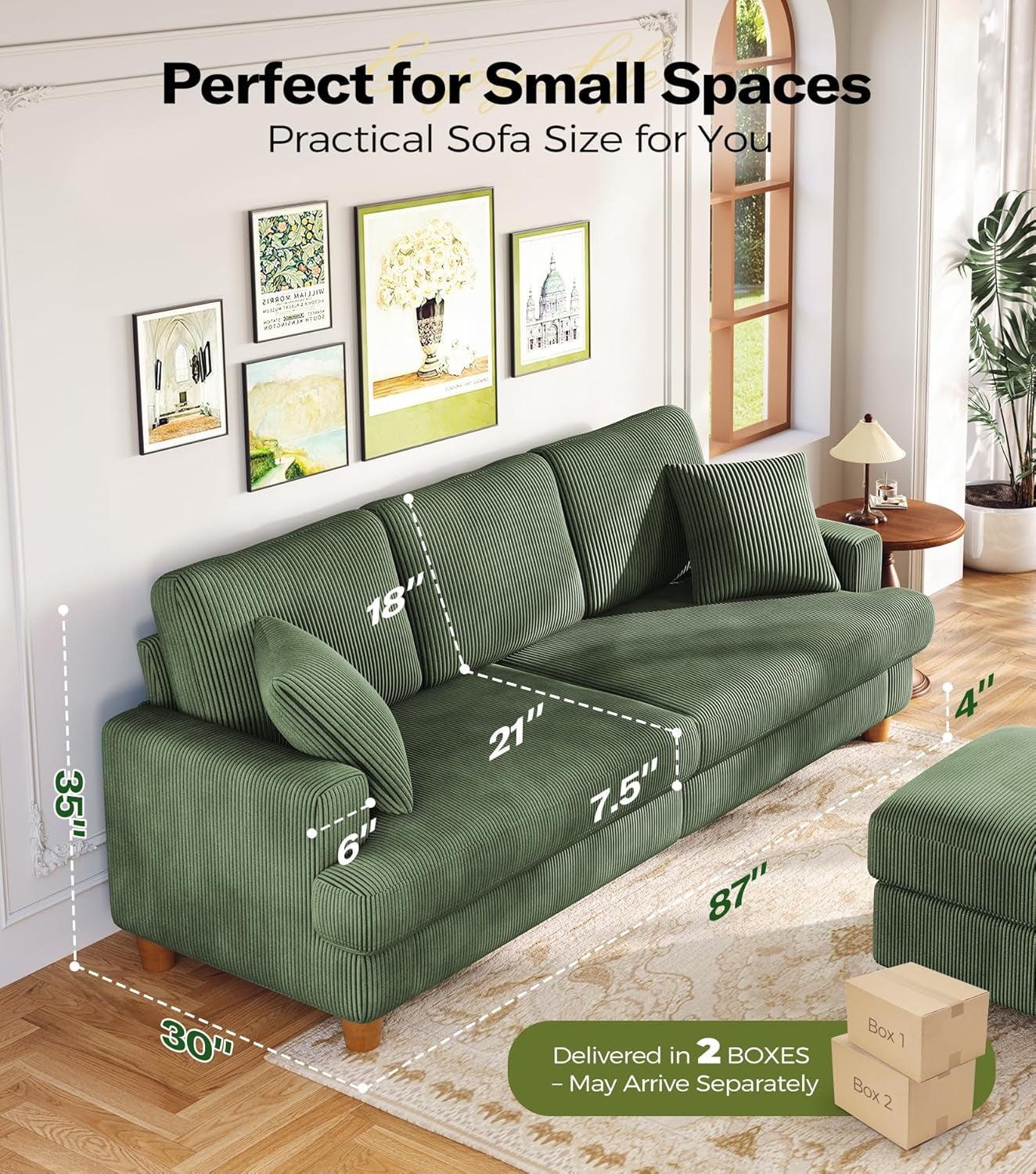 Corduroy Sofa Eighty SevenInch Deep Seat Green Living Room Comfort