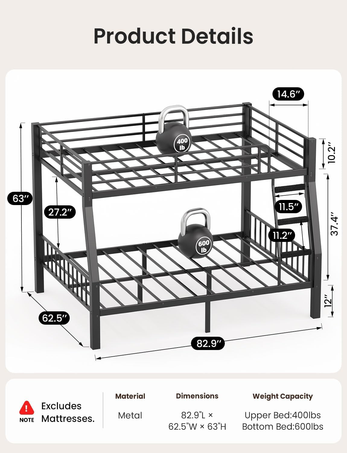 Full XL Over Queen Bunk Bed Black Heavy Duty Steel Frame