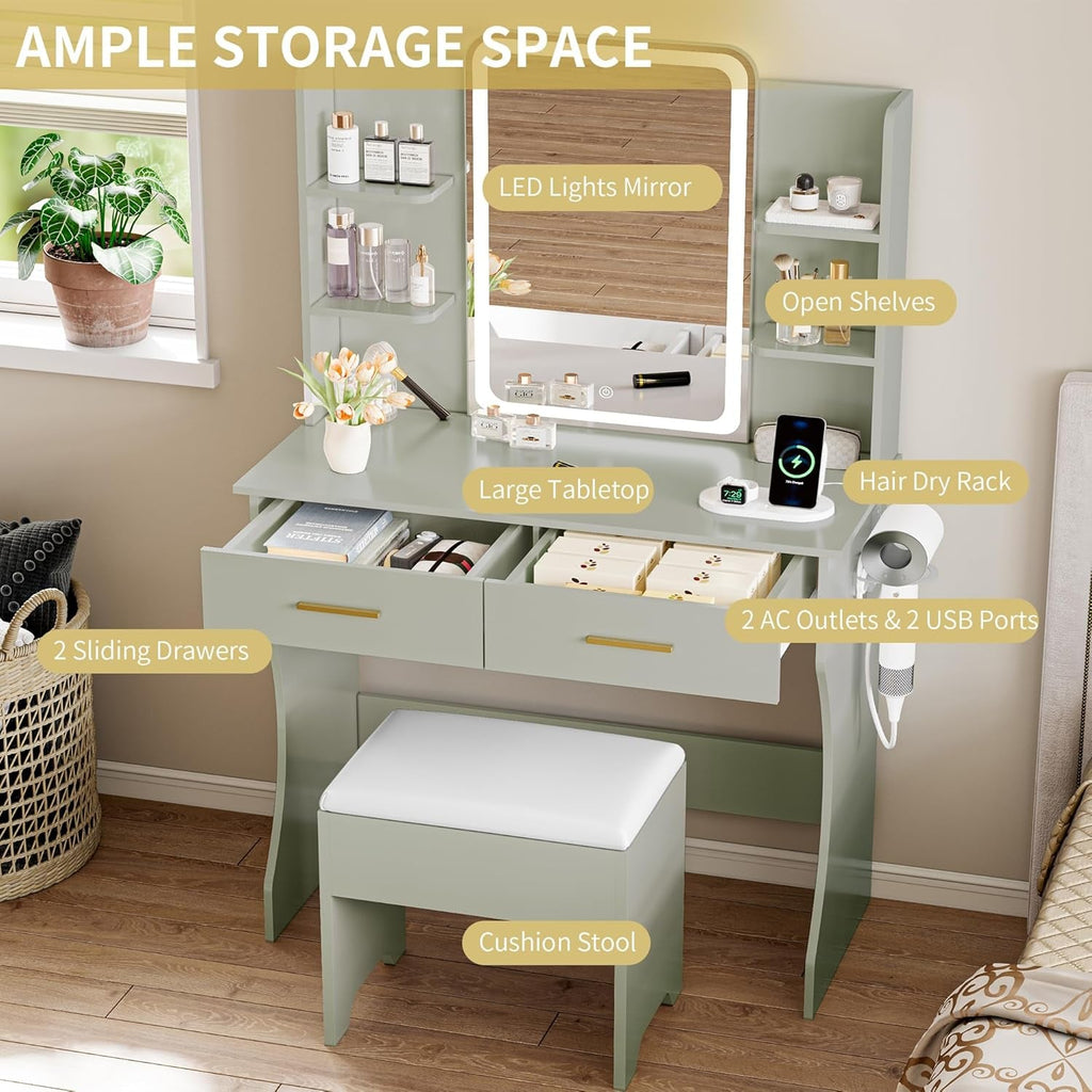 Forest Green Makeup Vanity Desk With Illuminated Mirror