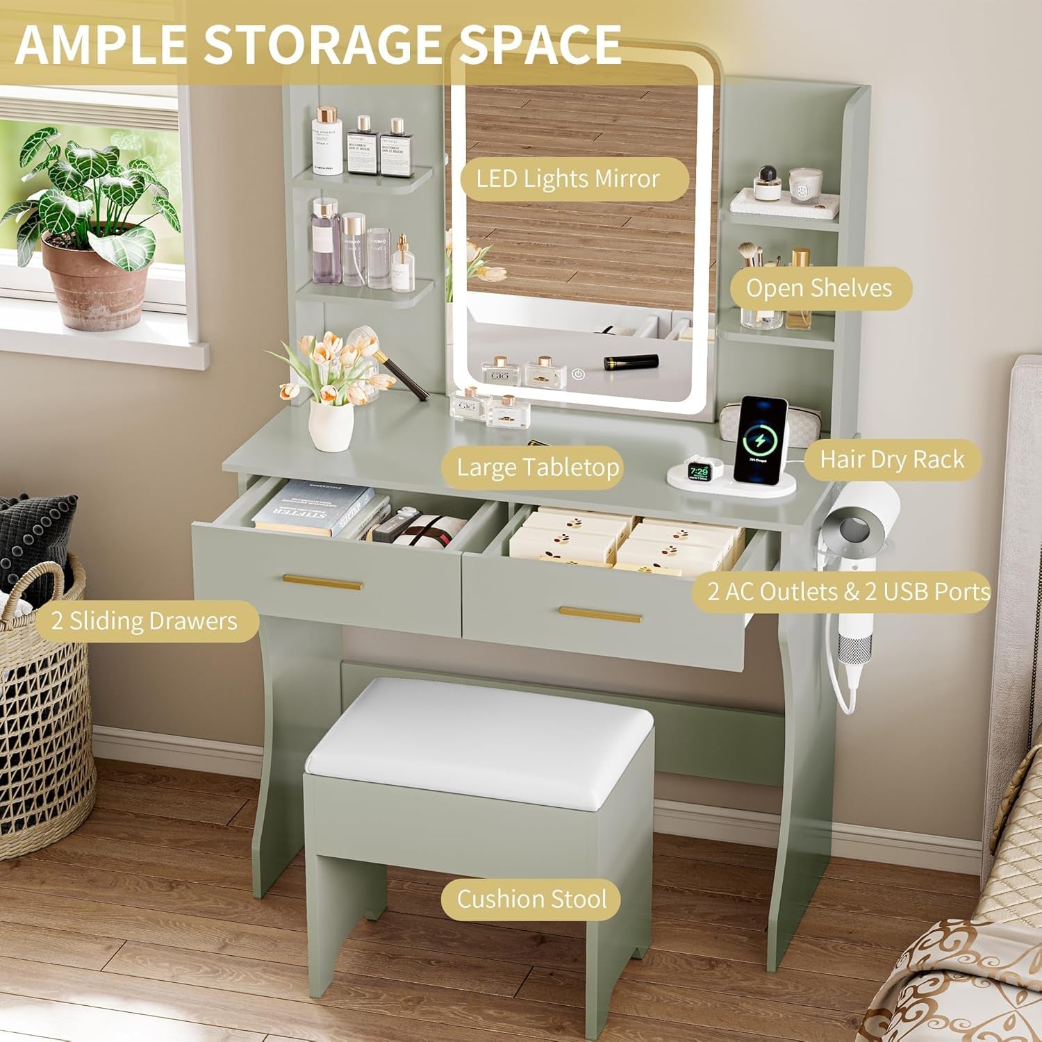 Forest Green Makeup Vanity Desk With Illuminated Mirror