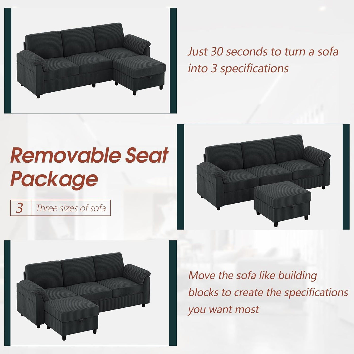 79 Inch Corduroy Upholstered Sectional Sofa Charcoal