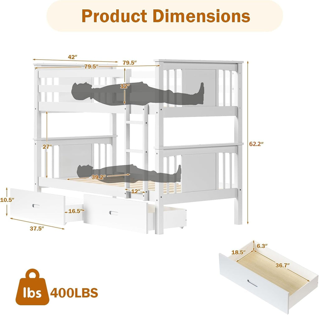 Premium Solid Hardwood Twin Bunk Bed Integrated Drawers