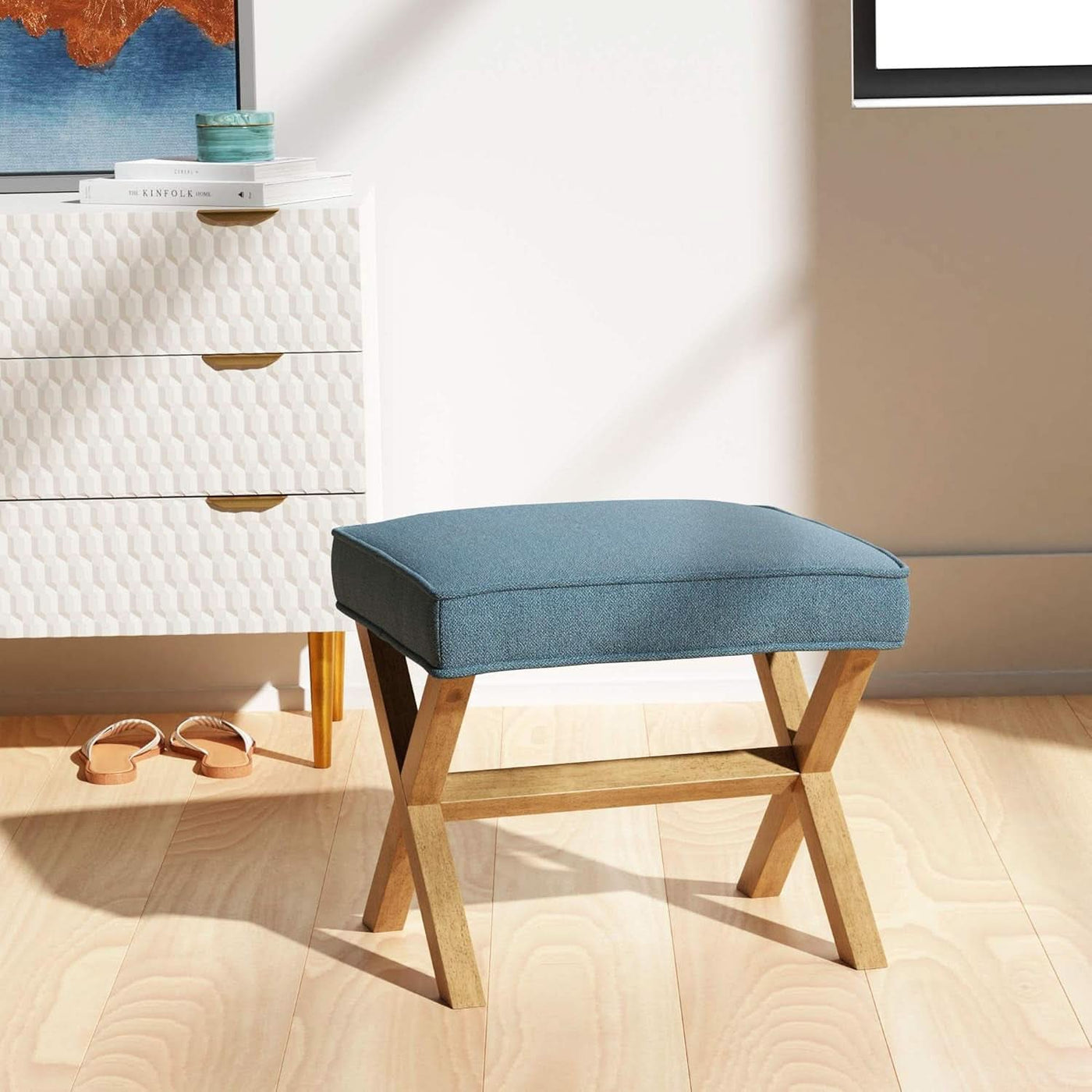 Indigo Blue Upholstered Ottoman Foot Stool 20Wx18Dx18H