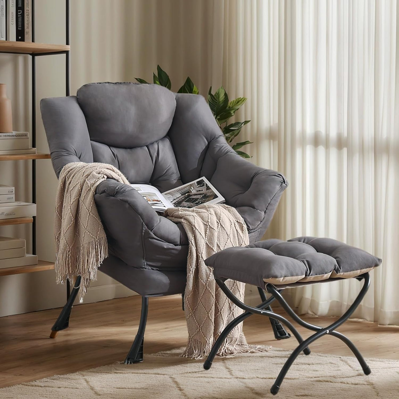 Oversized Dark Grey Ergonomic Armchair With Ottoman
