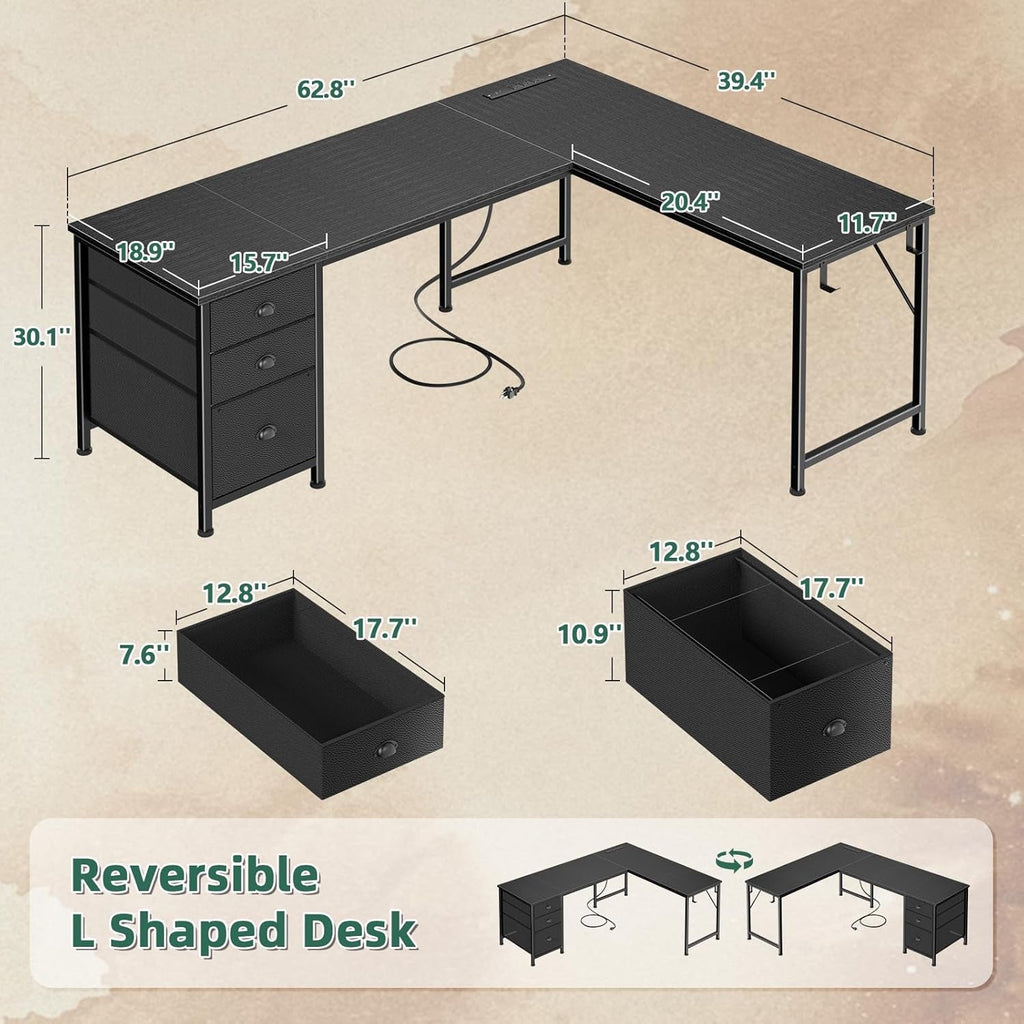 63 Inch Corner Desk Black Ultra Premium Storage Drawers