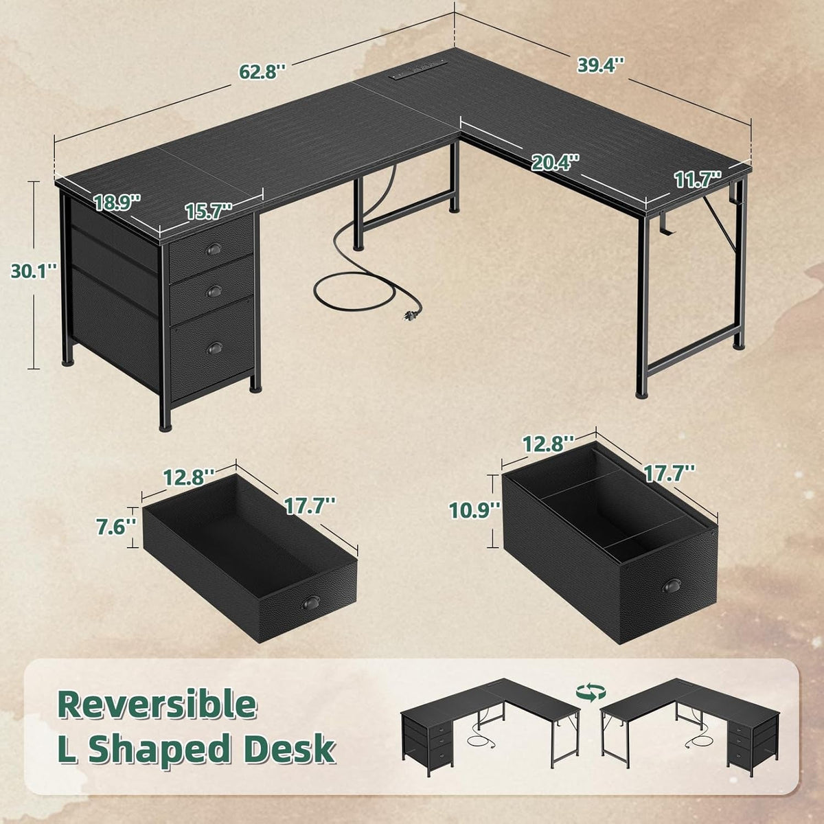 63 Inch Corner Desk Black Ultra Premium Storage Drawers
