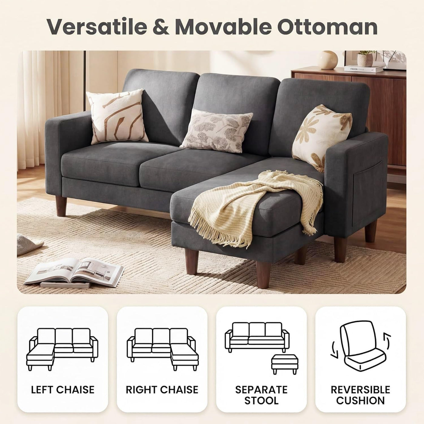 L-Shaped Sectional Sofa Graphite Grey Storage Ottoman