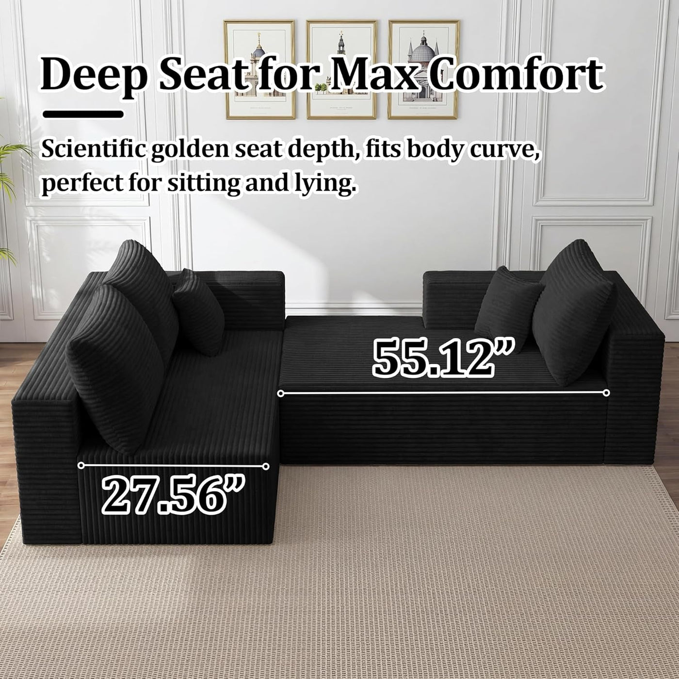 Black 92.5 Inch Modular Sectional Sofa Convertible