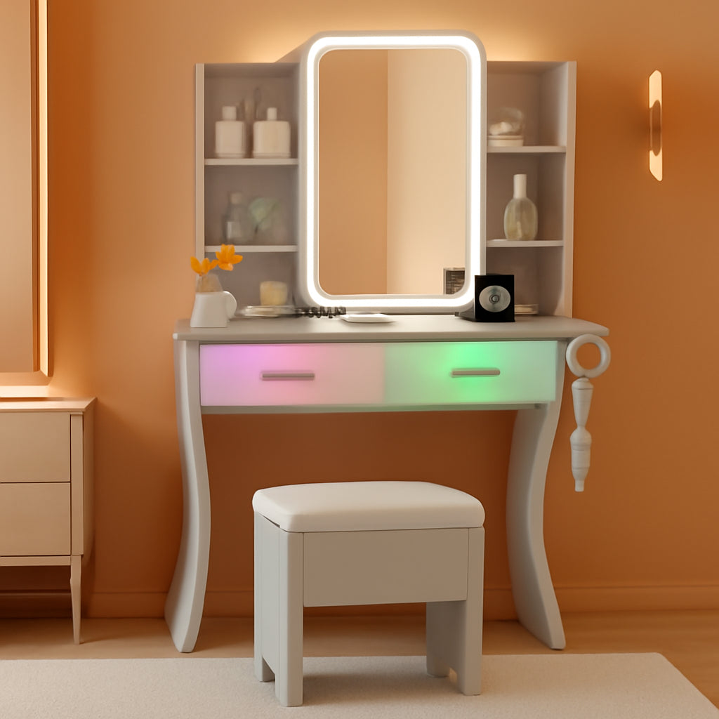 Forest Green Makeup Vanity Desk With Illuminated Mirror