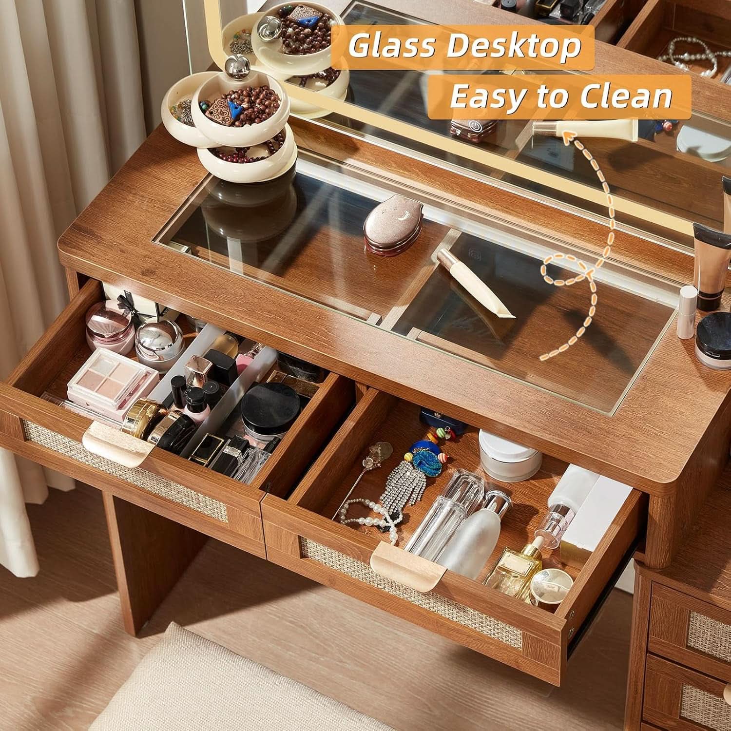 Rattan Vanity Desk 43.5-Inch With Illuminated Mirror