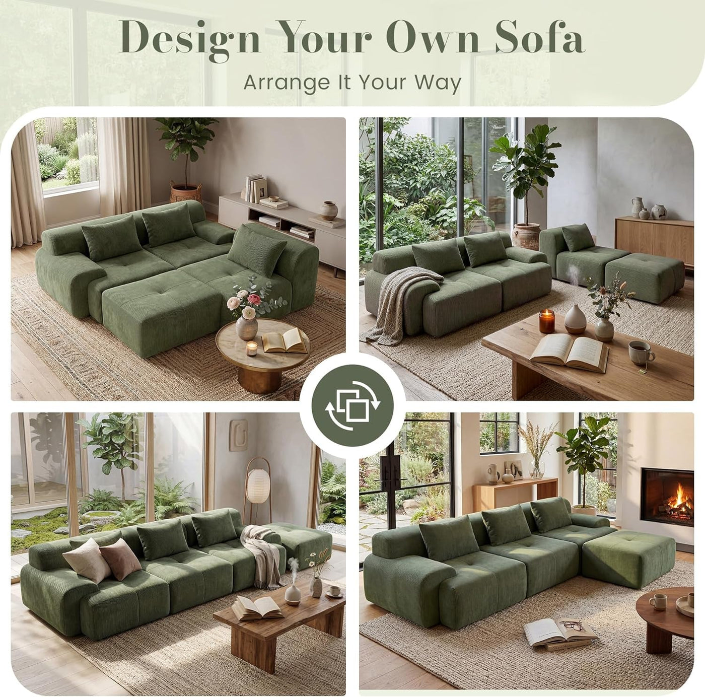 Green Corduroy 108 Inch Luxurious Sectional Sofa Set