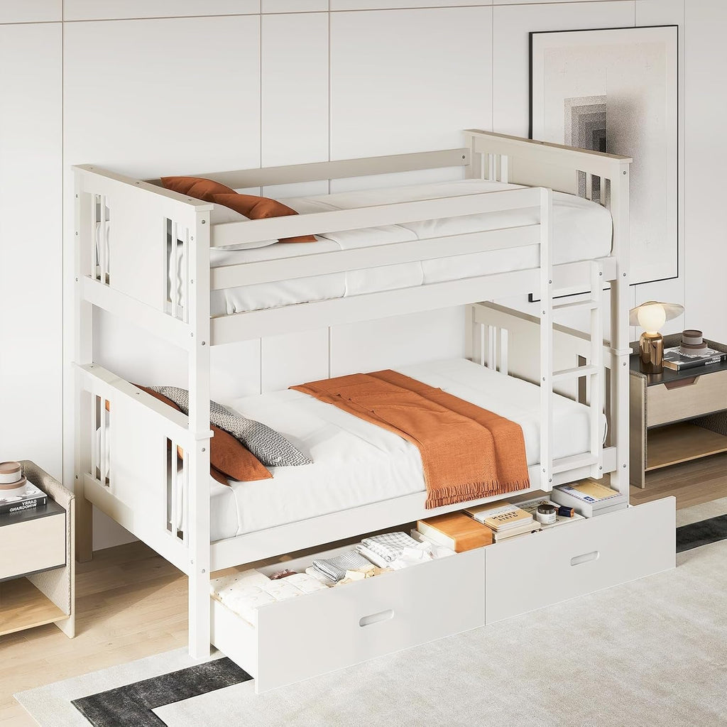 Premium Solid Hardwood Twin Bunk Bed Integrated Drawers