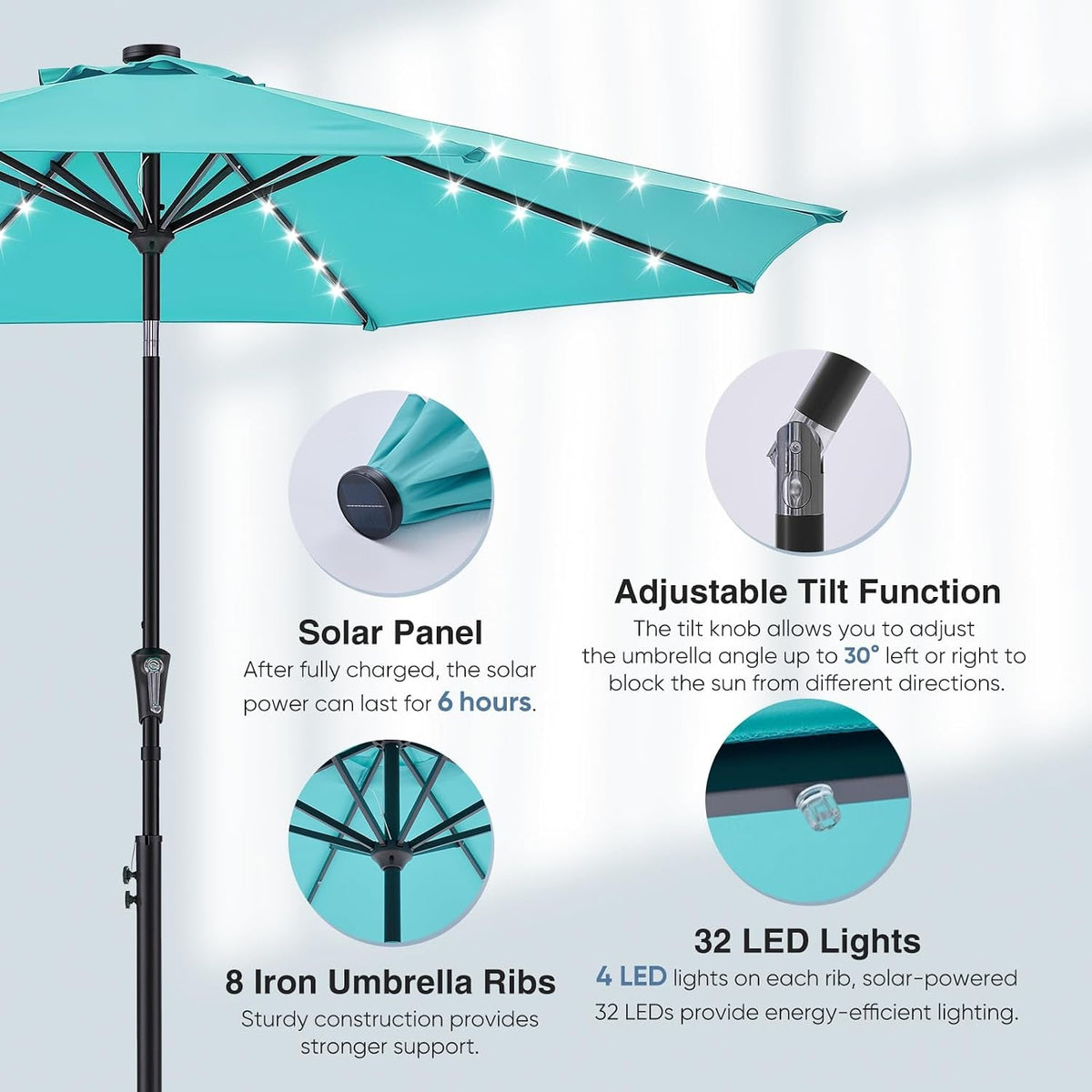 Outdoor Solar Patio Umbrella Featuring Crank LED Lights