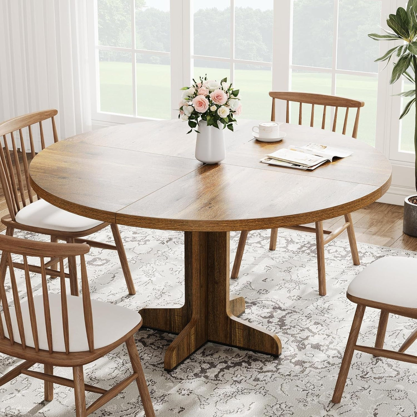 Round Dining Table 47 Inch Brown Matte Textured Finish