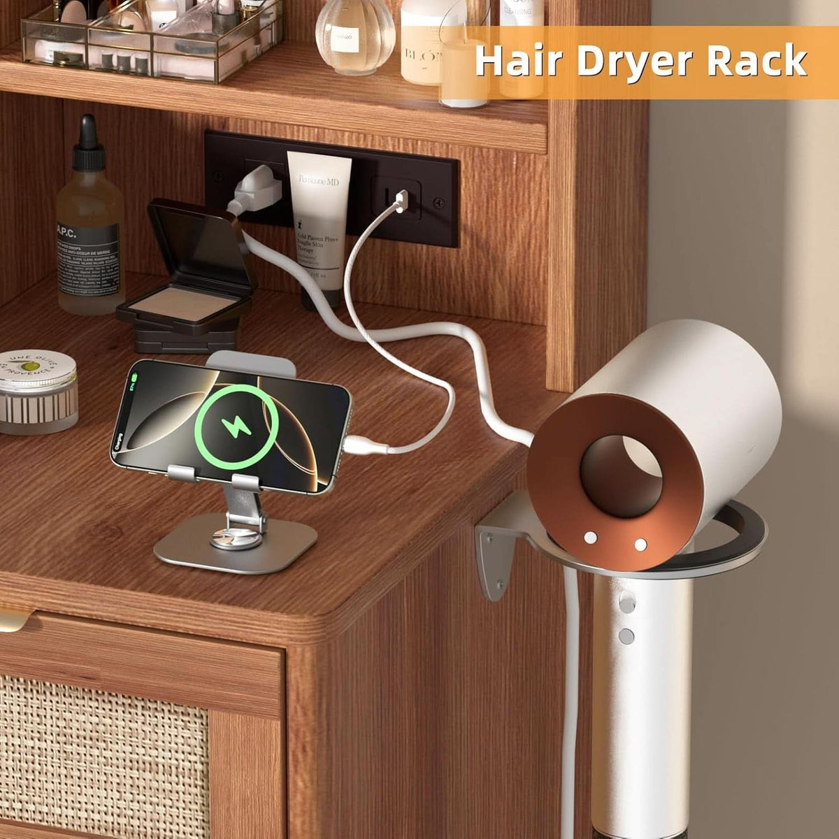 Rattan Vanity Desk 43.5-Inch With Illuminated Mirror