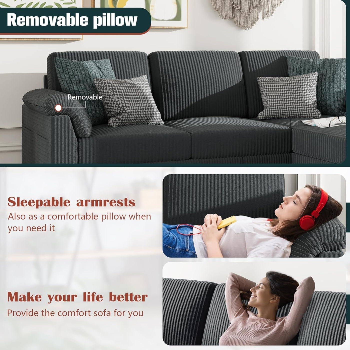 79 Inch Corduroy Upholstered Sectional Sofa Charcoal