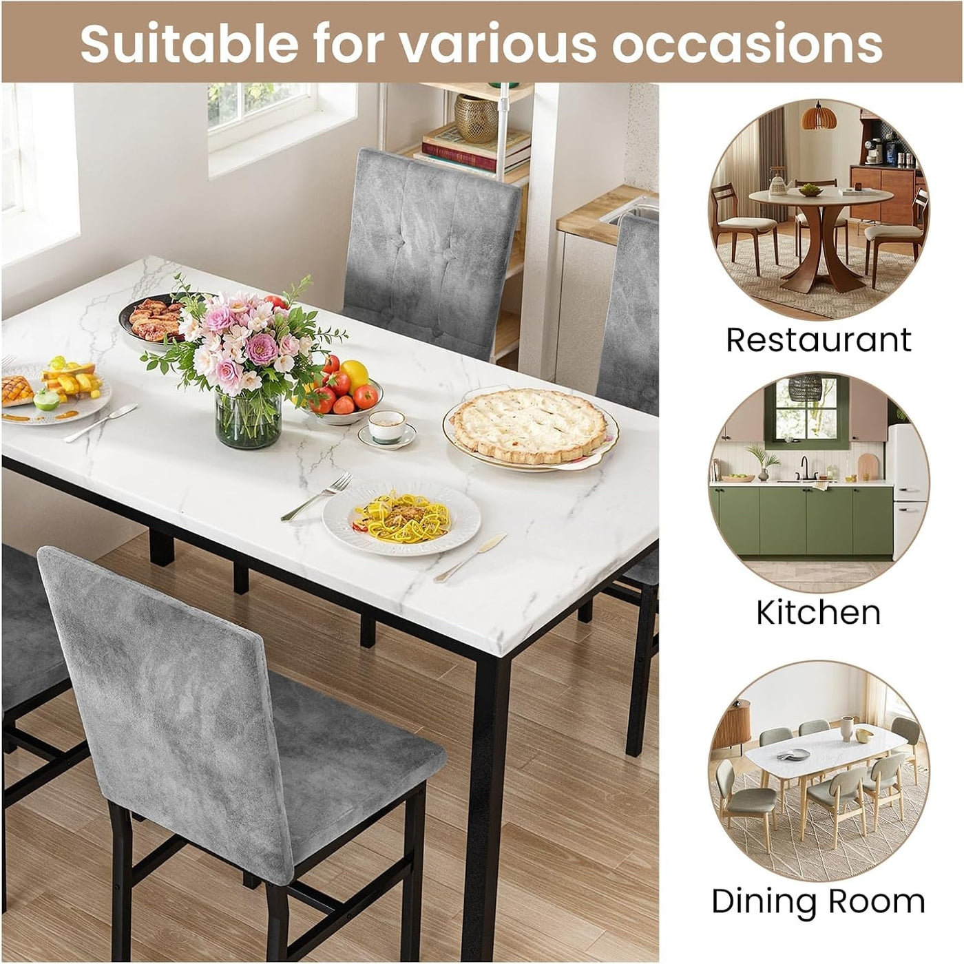 Five Piece Dining Set Marble Tops White Upholstered