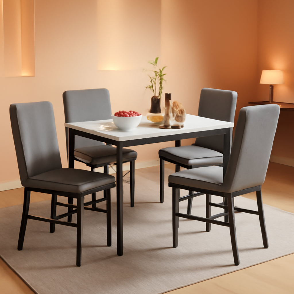 Five Piece Dining Set Marble Tops White Upholstered