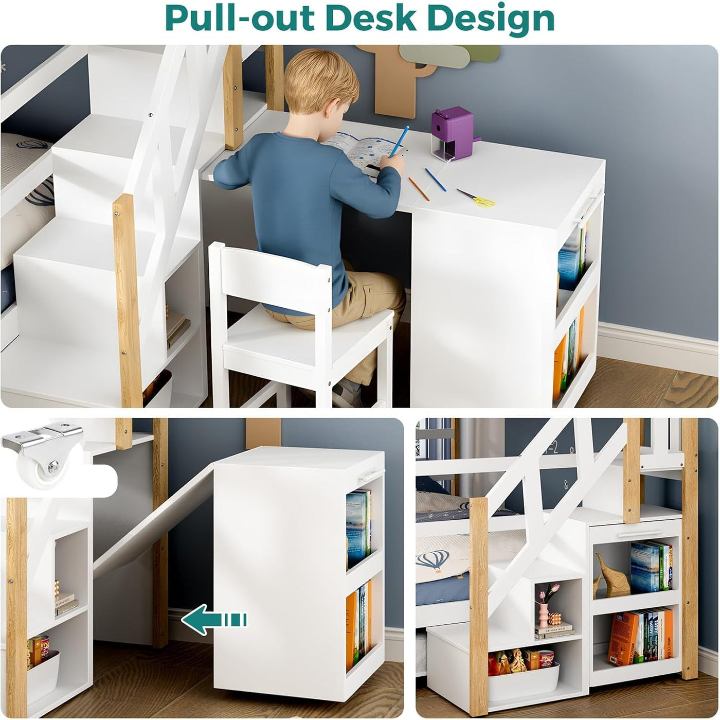 Full Over Full Bunk Bed White Wood Finish Trundle Storage