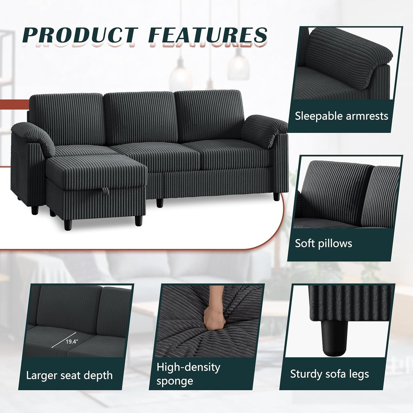 79 Inch Corduroy Upholstered Sectional Sofa Charcoal