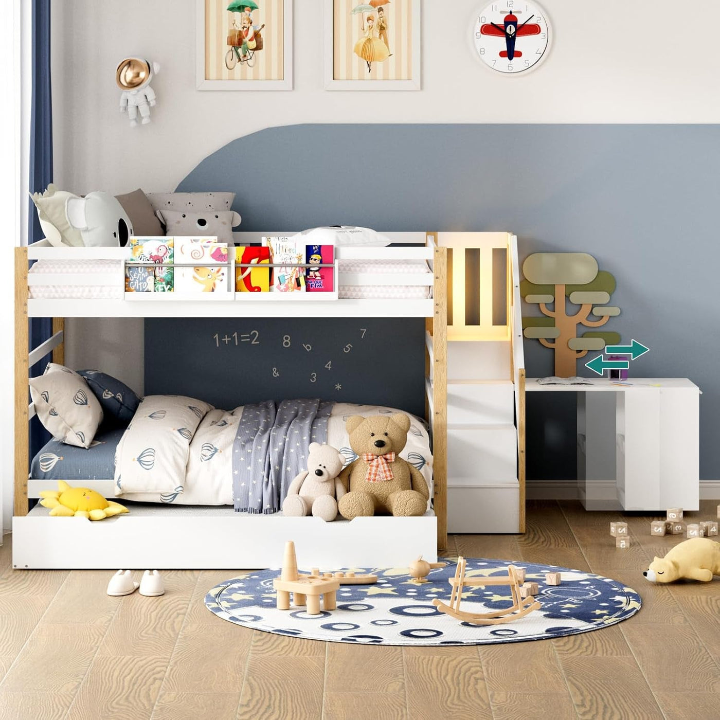 Full Over Full Bunk Bed White Wood Finish Trundle Storage