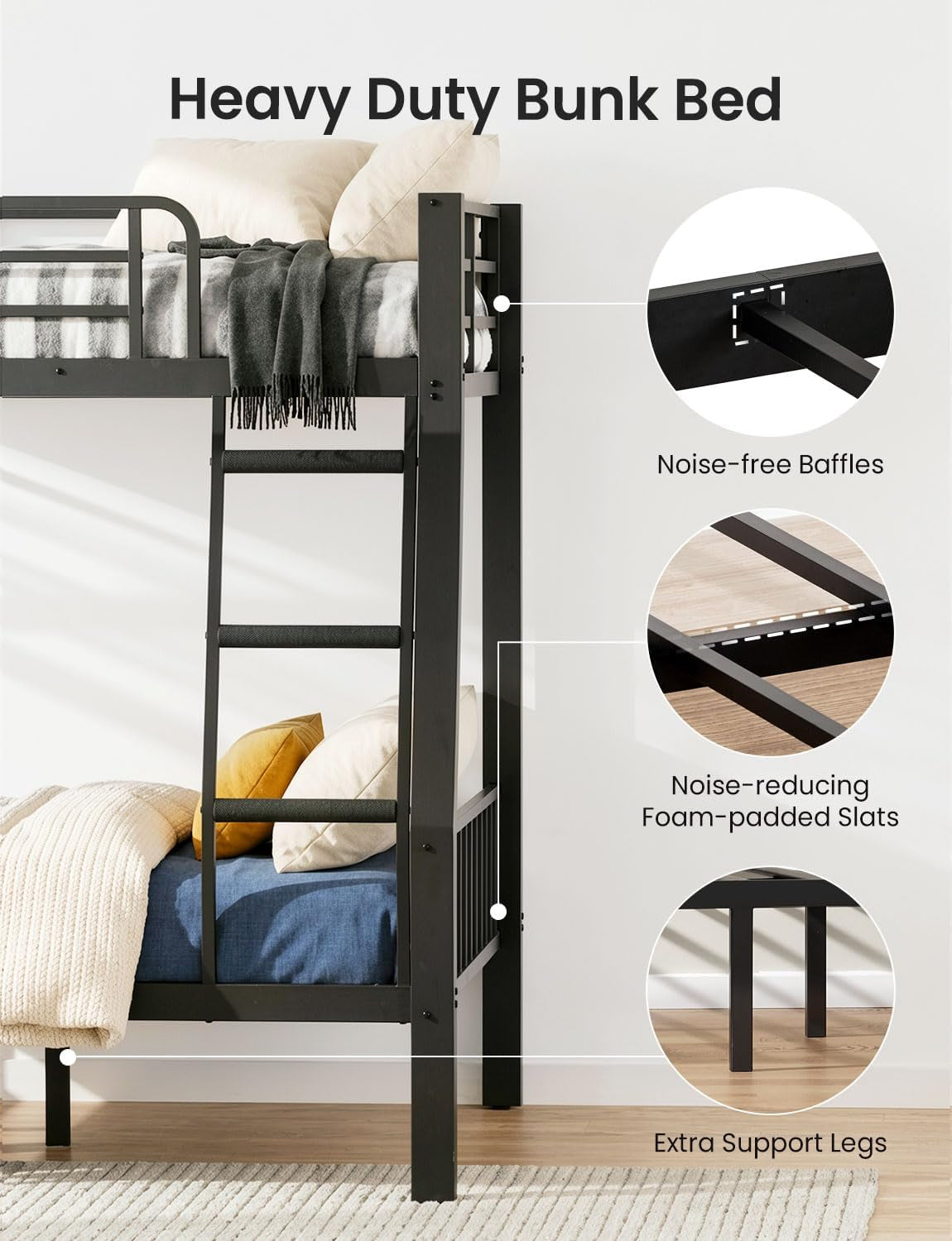 Full XL Over Queen Bunk Bed Black Heavy Duty Steel Frame