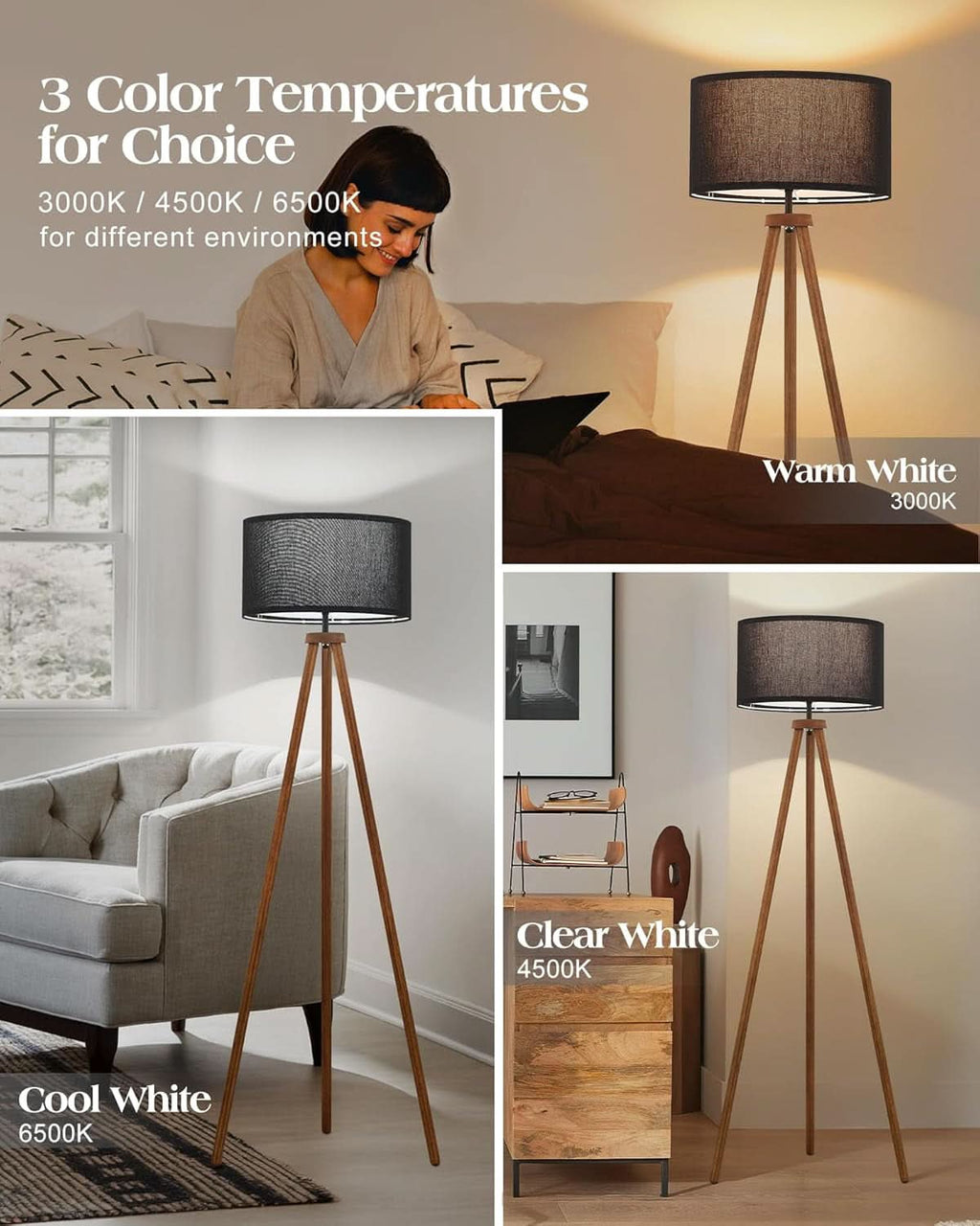 Walnut Wood Tripod Floor Lamp Color Temperature LED