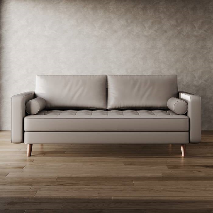 Beige Upholstered Faux Leather Sofa w/ Pillows Solid Hardwood Legs