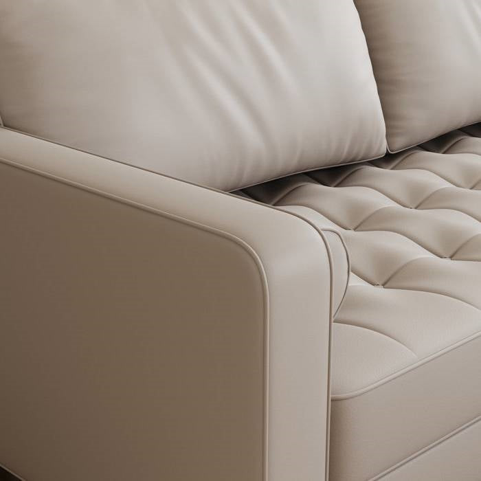 Beige Upholstered Faux Leather Sofa w/ Pillows Solid Hardwood Legs