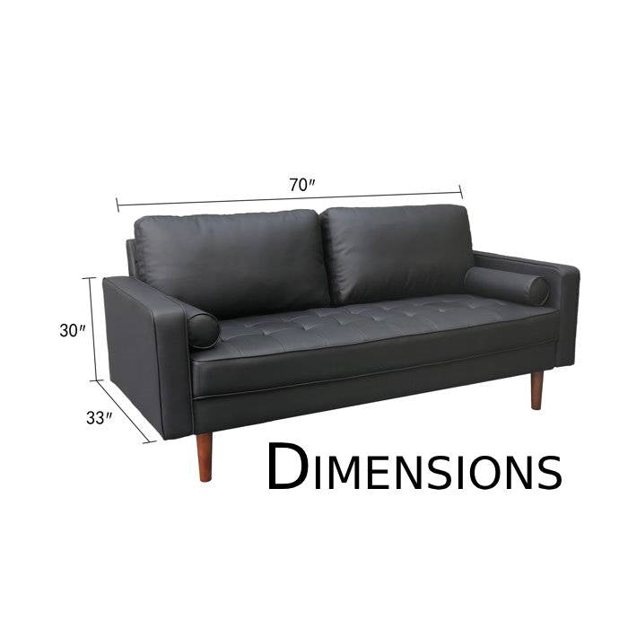 Black Upholstered Faux Leather Sofa w/ Pillows Solid Hardwood Legs