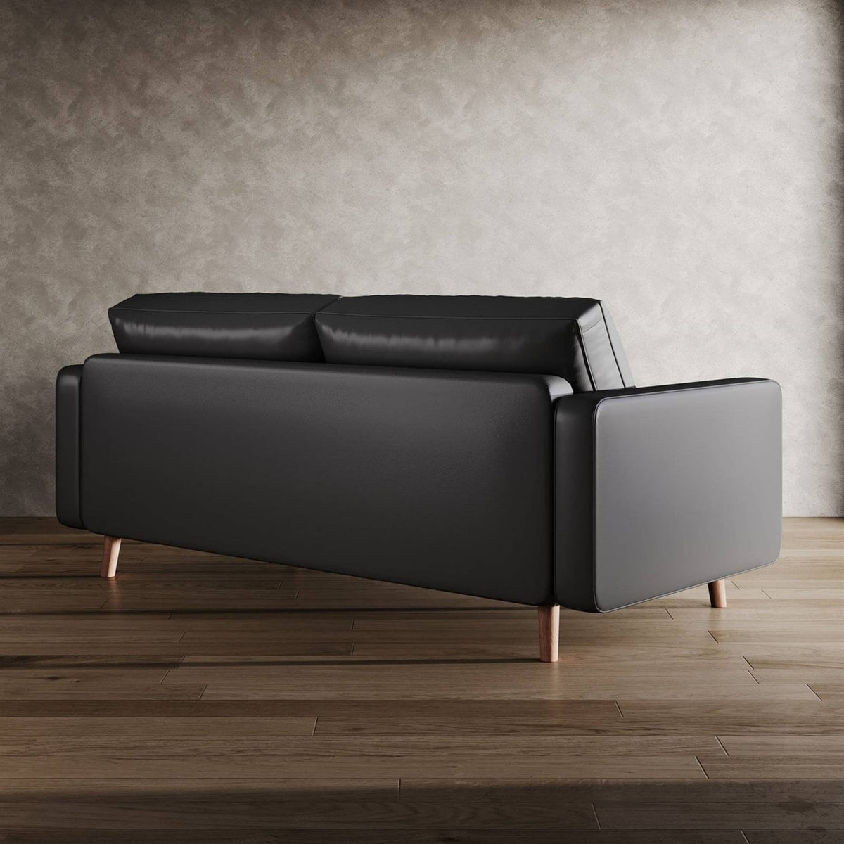 Black Upholstered Faux Leather Sofa w/ Pillows Solid Hardwood Legs