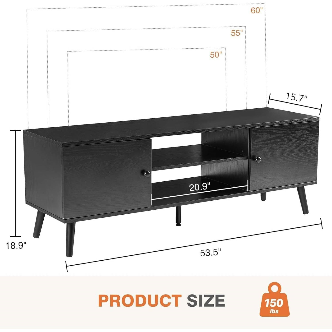 Mid-Century Modern TV Stand in Black Wood Finish for TV up to 60-inches