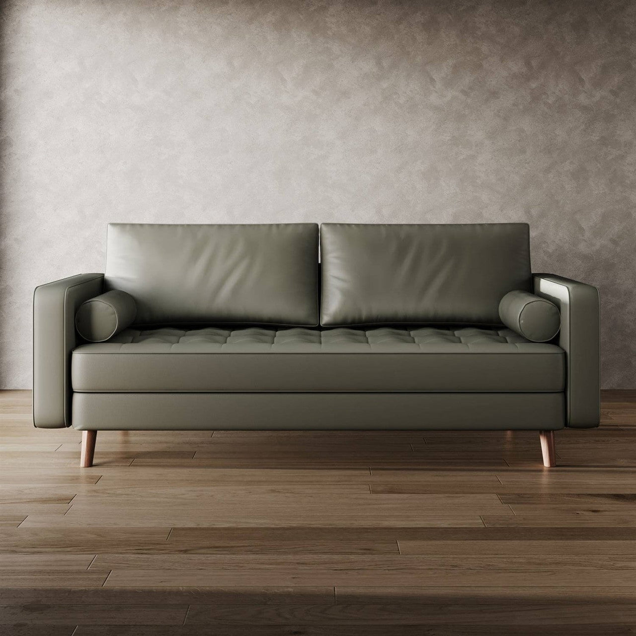 Grey Upholstered Faux Leather Sofa w/ Pillows Solid Hardwood Legs