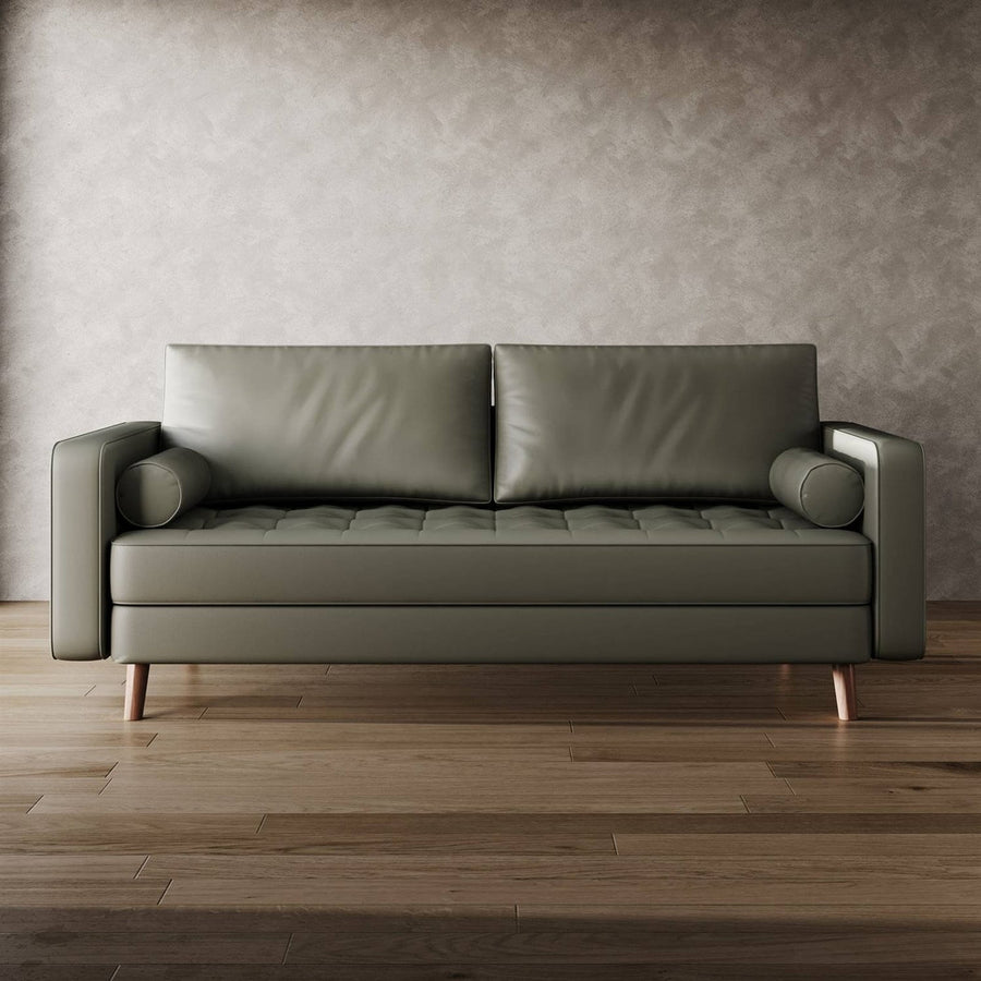 Grey Upholstered Faux Leather Sofa w/ Pillows Solid Hardwood Legs