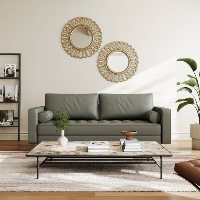 Grey Upholstered Faux Leather Sofa w/ Pillows Solid Hardwood Legs