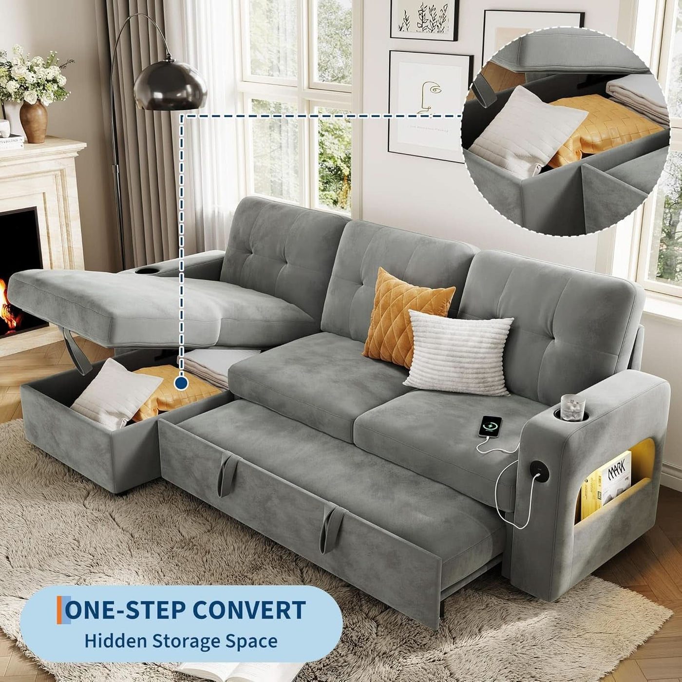 84Inch LShaped Sleeper Sofa Integrated Storage System