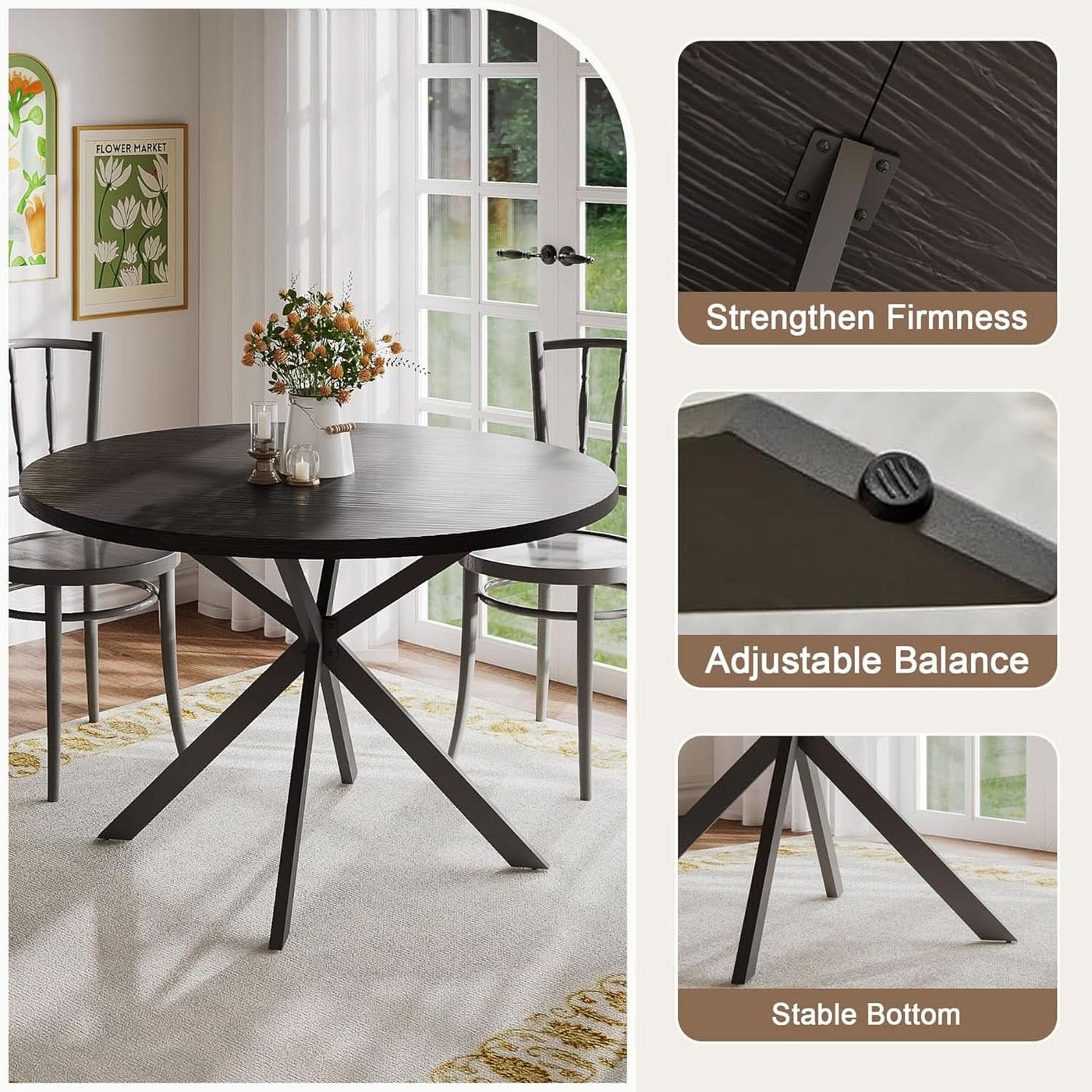 47.2 Inch Circular Dining Table Matte Black Finish