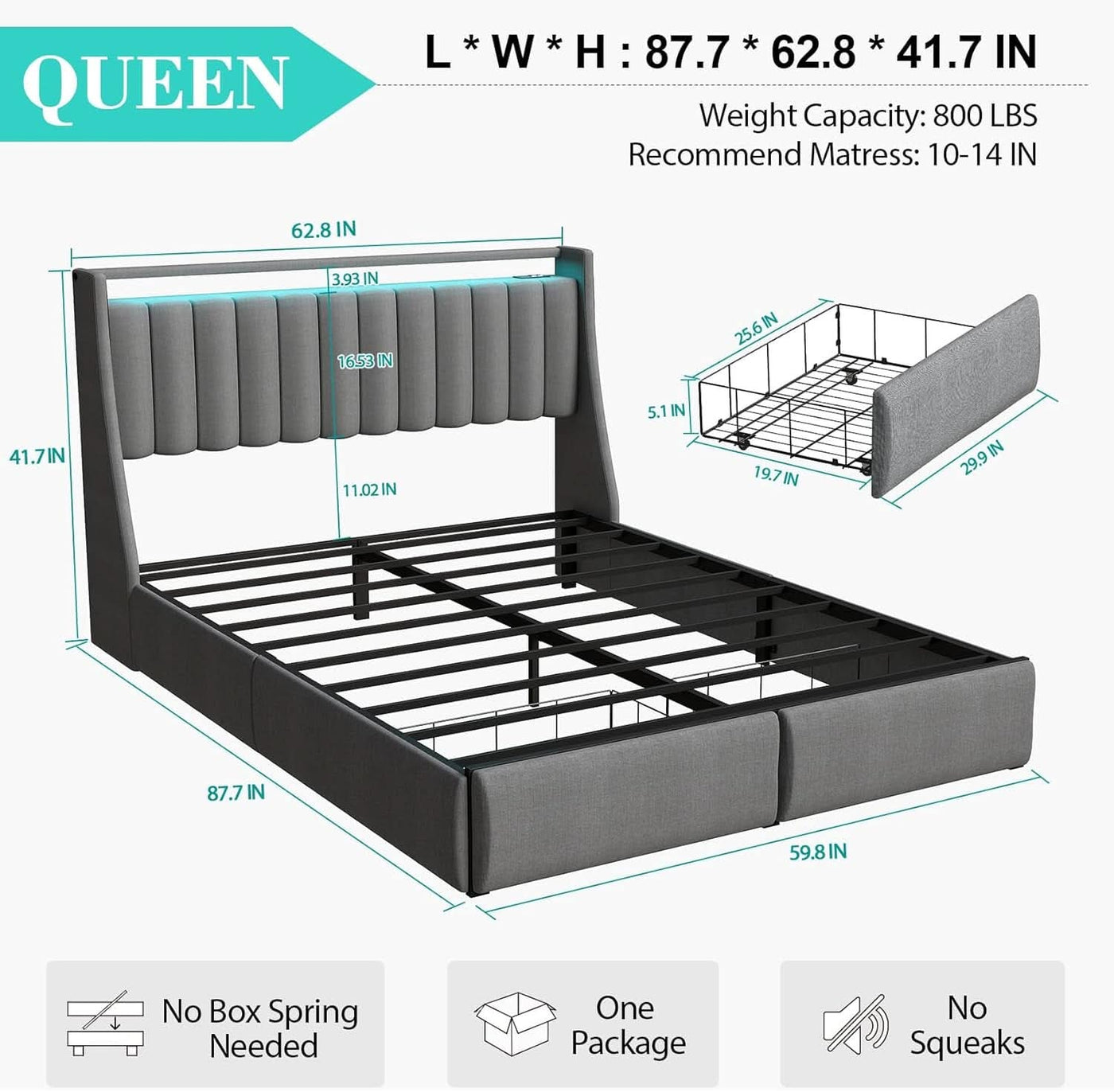 Queen Bed Frame With LED Lights And Storage Drawers