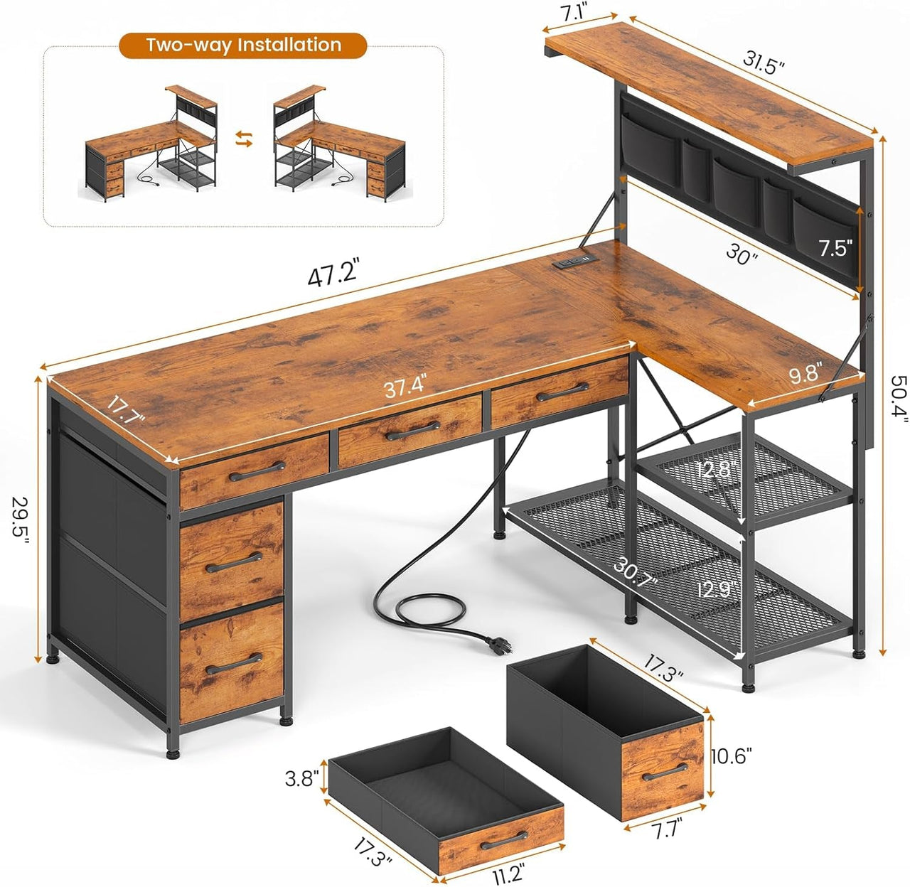 L Shaped Desk 47.2Inch Rustic Brown Work space Solution-1