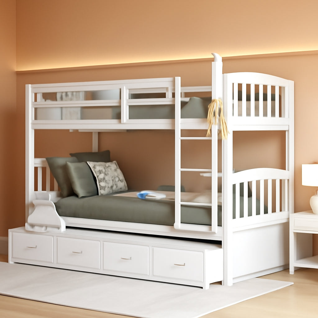 White Twin Over Twin Bunk Bed Three drawer storage trundle