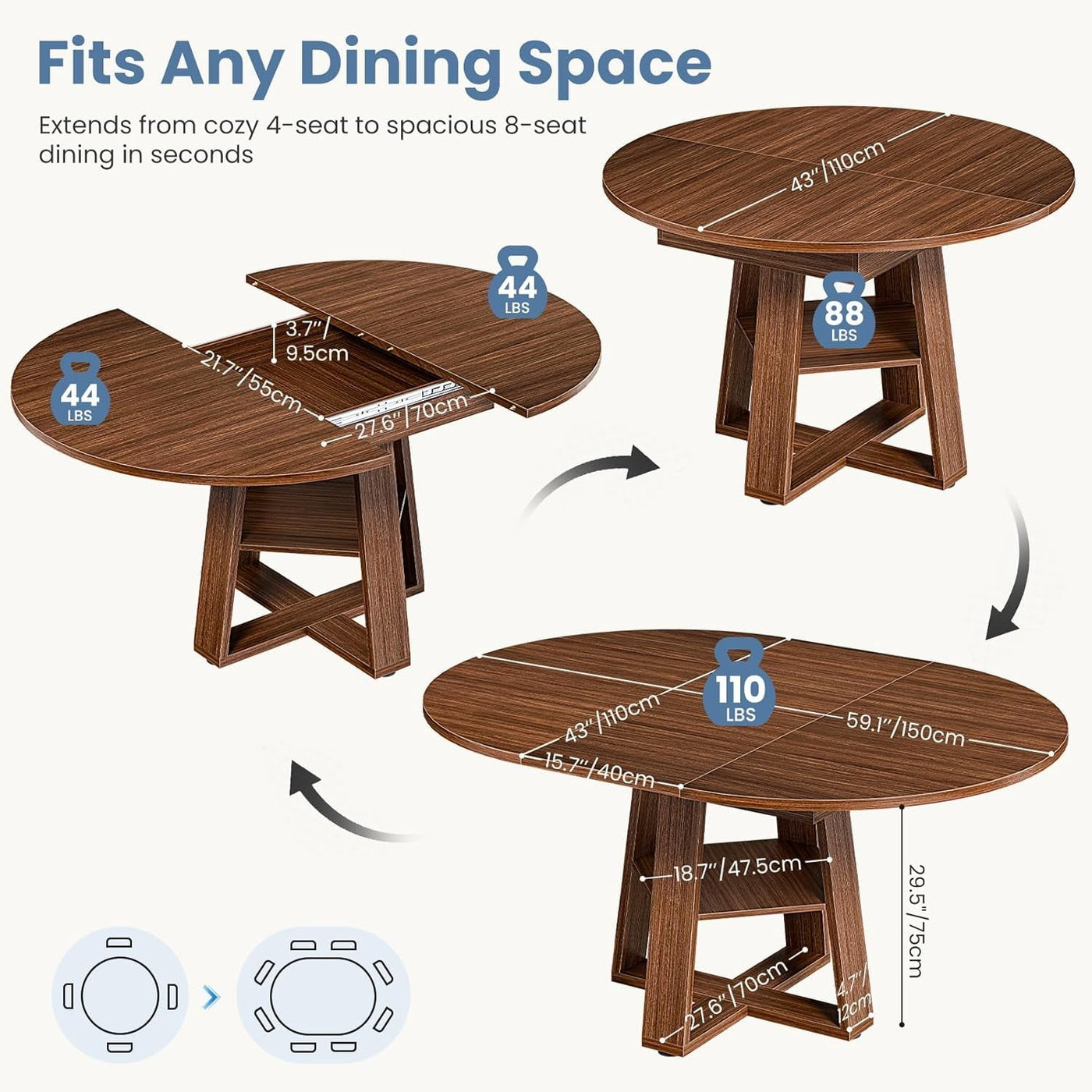 Chestnut Expandable Round Dining Table With Storage