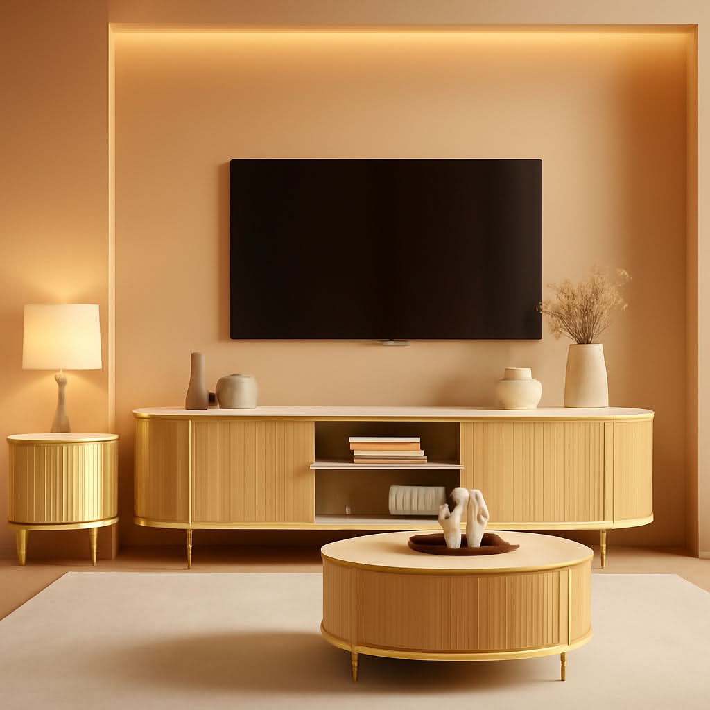 Fluted SeventyInch TV Console Set Premium Wood Coated Edition