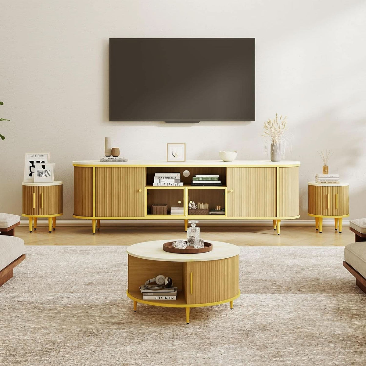Fluted SeventyInch TV Console Set Premium Wood Coated Edition
