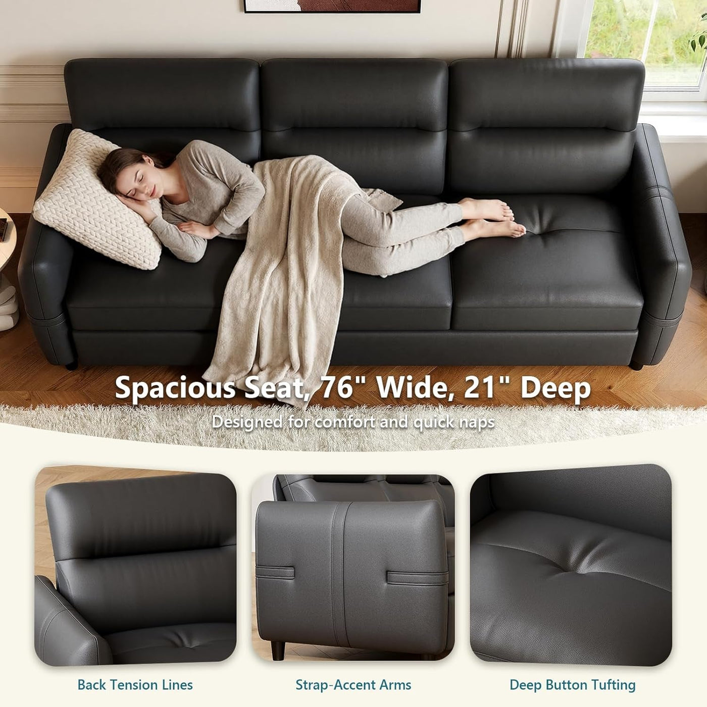 85Inch Black Faux Leather Executive Sofa USB Charging Ports
