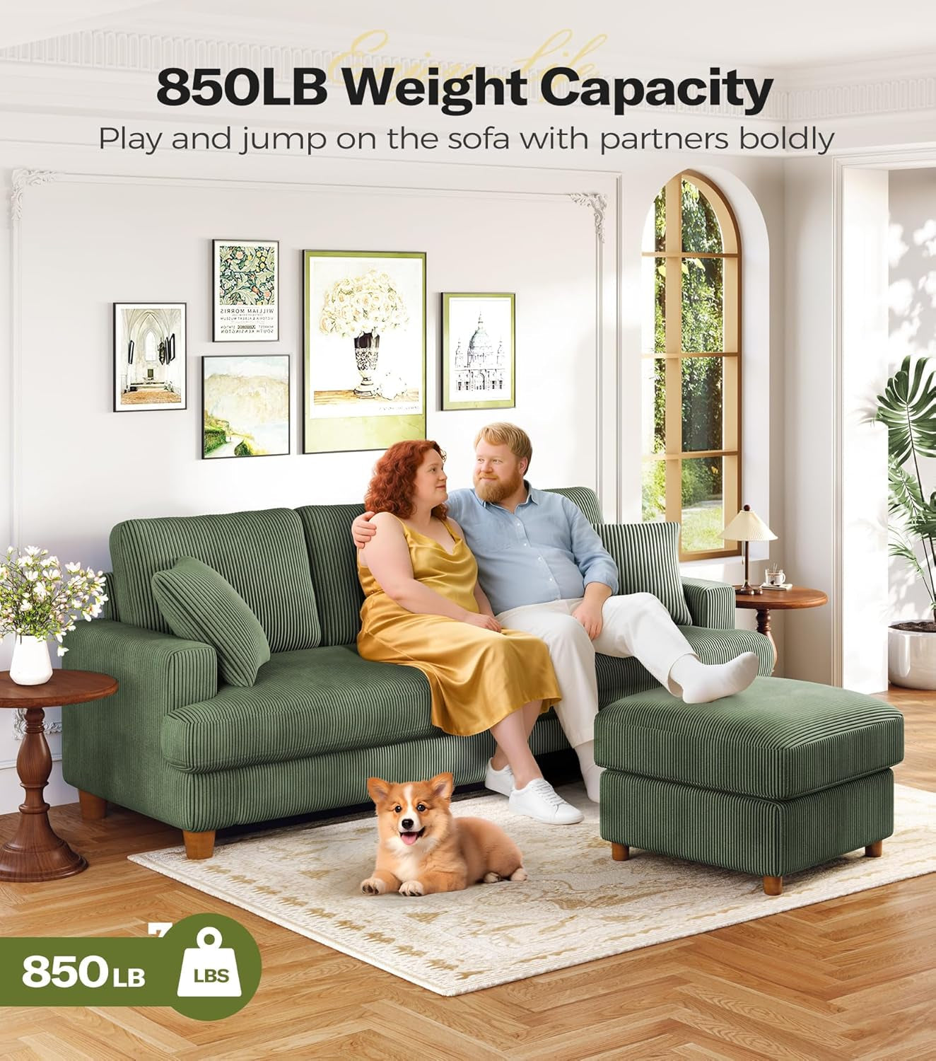 Corduroy Sofa Eighty SevenInch Deep Seat Green Living Room Comfort