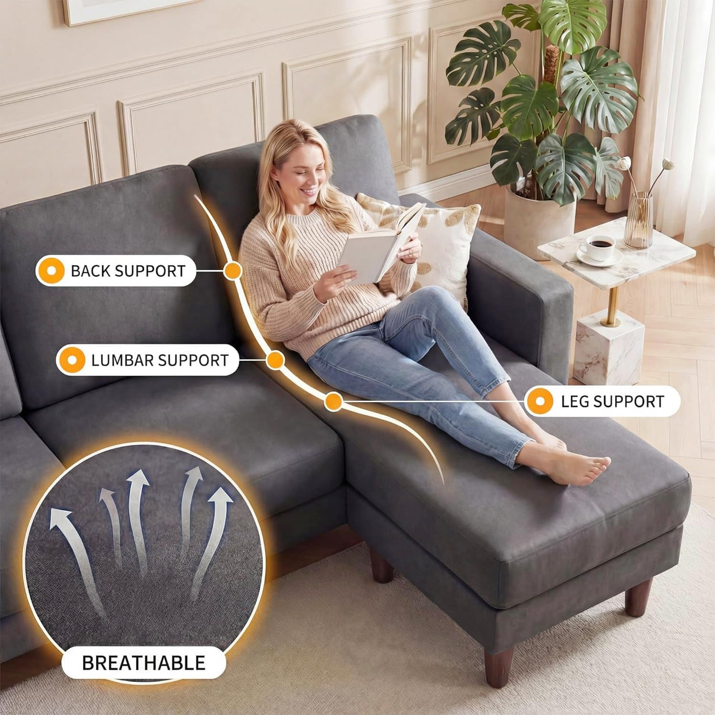 L-Shaped Sectional Sofa Graphite Grey Storage Ottoman