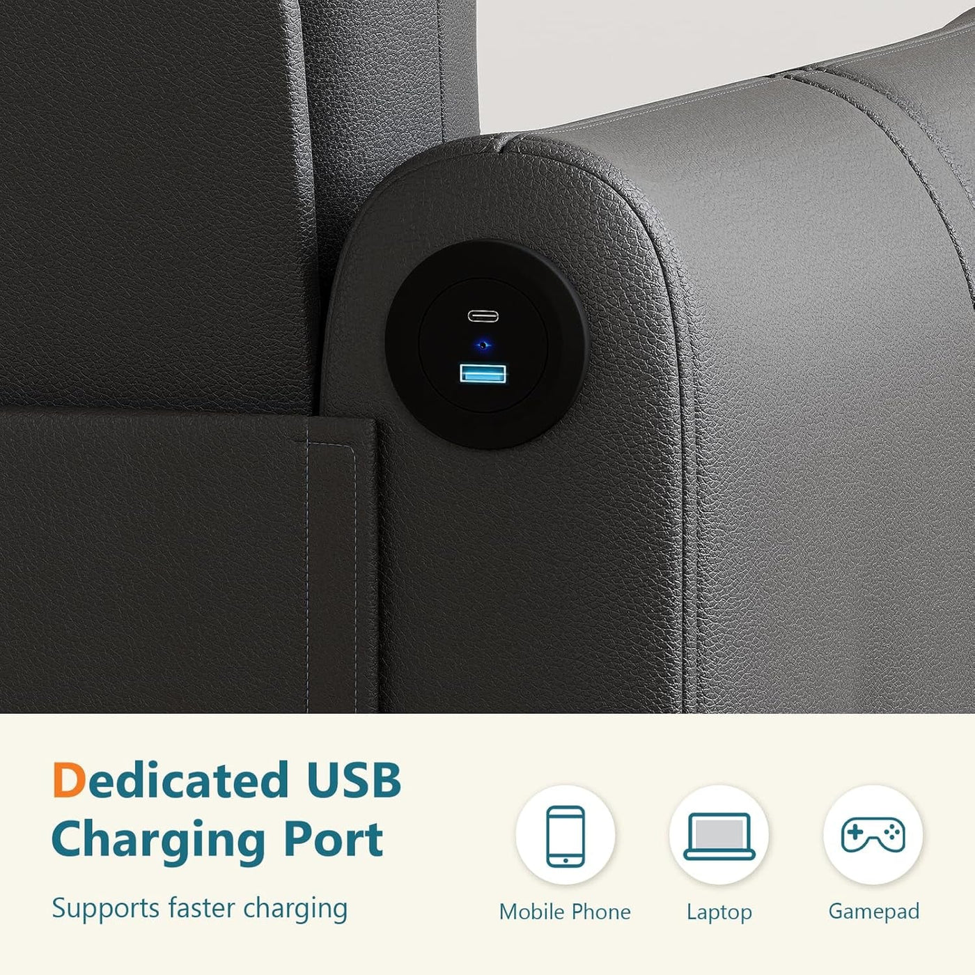 85Inch Black Faux Leather Executive Sofa USB Charging Ports