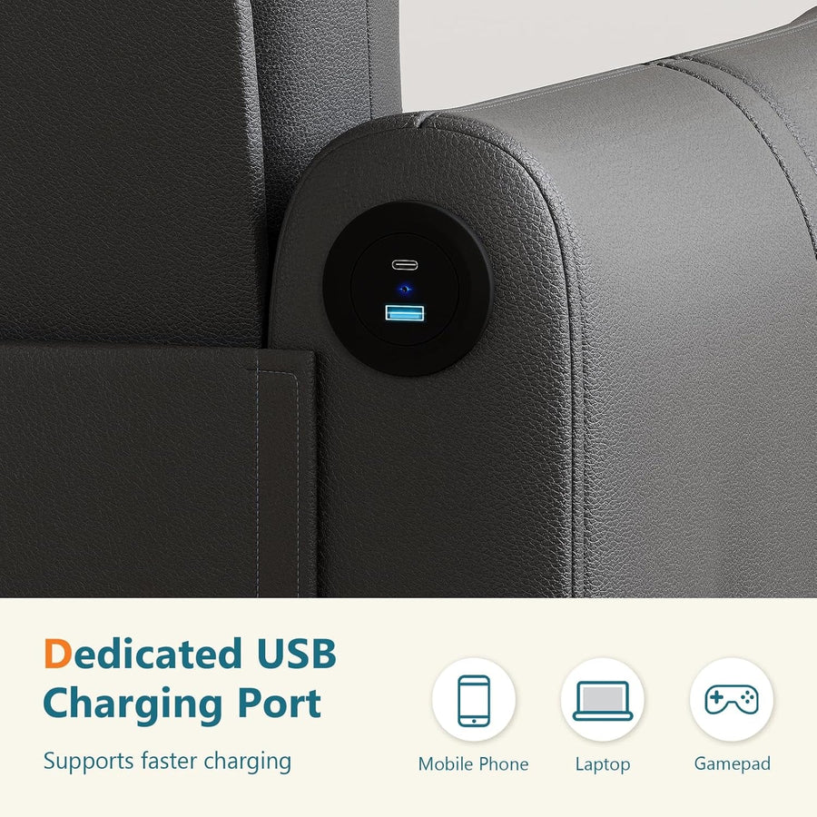 85Inch Black Faux Leather Executive Sofa USB Charging Ports
