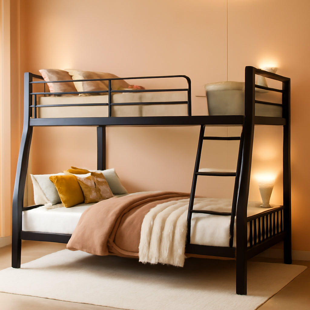 Full XL Over Queen Bunk Bed Black Heavy Duty Steel Frame