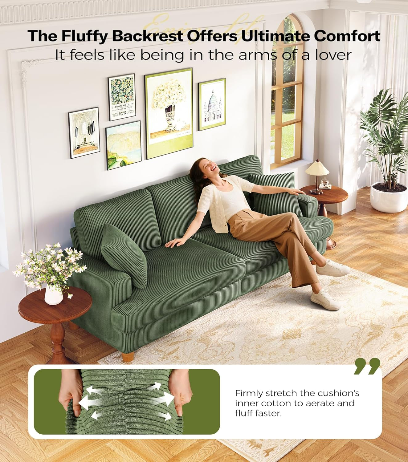 Corduroy Sofa Eighty SevenInch Deep Seat Green Living Room Comfort